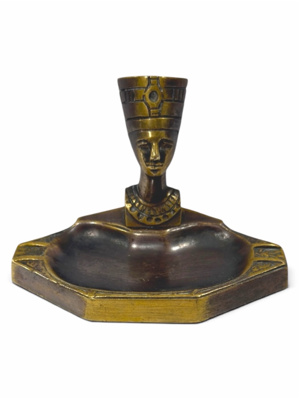 Vintage Egyptian Revival Brass Nefertiti Ashtray & Trinket Dish
